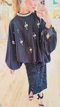 Black Multi Embellished Applique Ballon Blouse