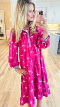 Magenta Ruffled Neck Tiered Midi Dress