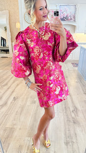 Hot Pink Gold Accent Jacquard Shift Dress