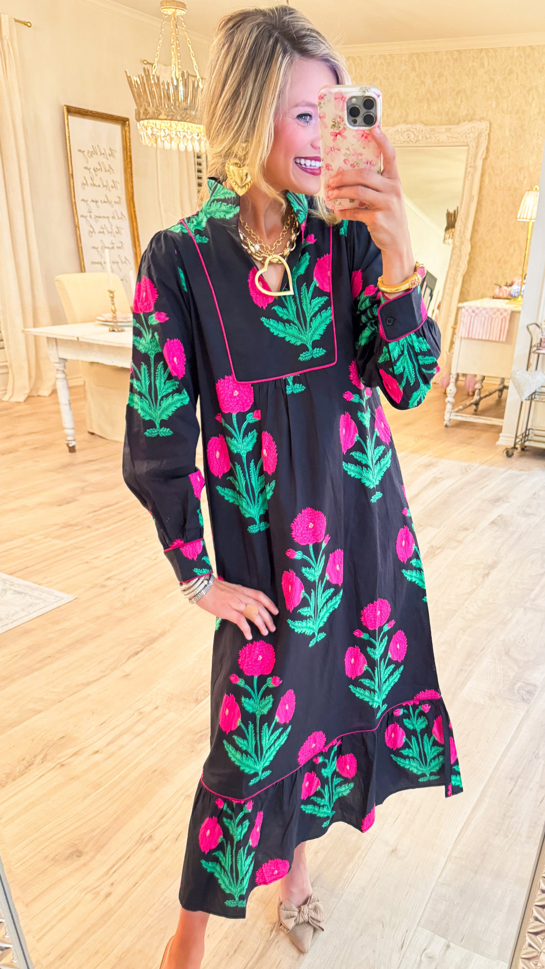 Black and Pink Flower Printed Midi Dress