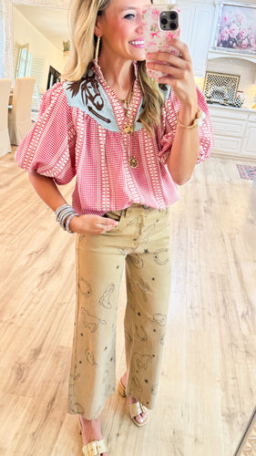 THML Red Gingham Horse Embroidered Top