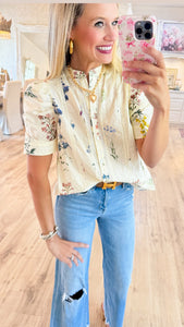 Cream Floral Print Lace Trim Top