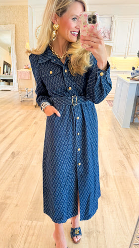 Indigo Denim Printed Button Down Midi Dress