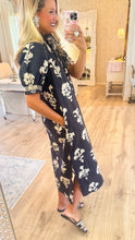 Black Floral Print Short Puff Sleeve Midi Dress