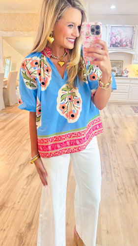 Blue Floral Abstract Top