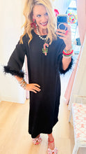 Black Satin Feather Trim Midi Dress