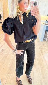 THML Black Eyelet Detail Puff Sleeve Blouse