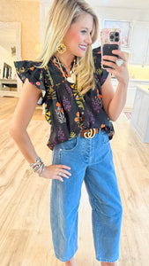 Black Flower Print Flutter Sleeve Top