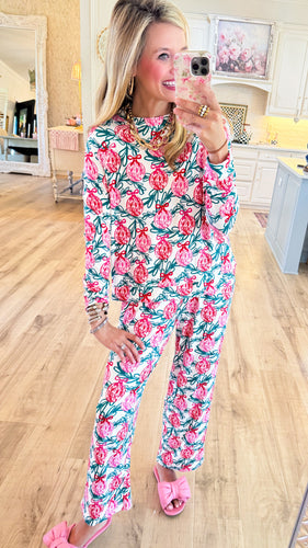 Pink and Red Ornament Pant Lounge Set