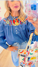 Blue Stripe Embroidered Scallop Hem Top