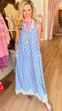 Blue and White Polka Dot Lace Hem Midi Dress