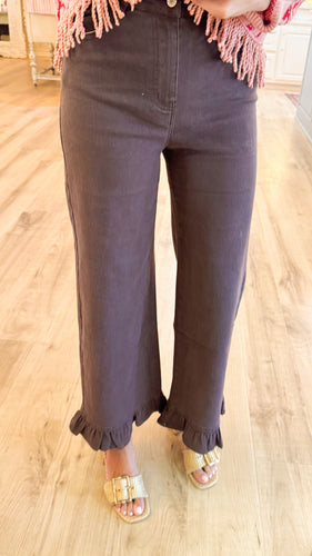 Brown Solid Ruffle Hem Pants