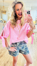 Neon Pink Stripe Bow Sleeve Top