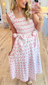 Pink and White Bow Printed Midi Dress