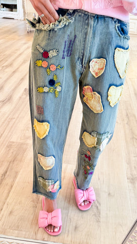 Denim Multi Heart Patchwork Pants