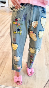 Denim Multi Heart Patchwork Pants