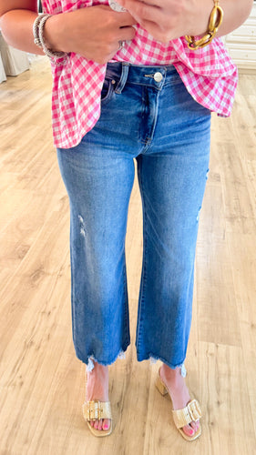 Risen Medium Wash Wide Leg Cropped Jeans