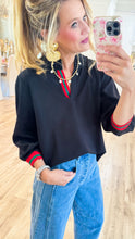 Black Stripe Contrast Ruffle Neck Top