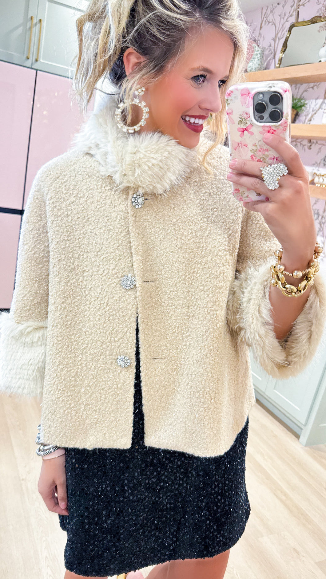 Ivy Jane Ivory Boucle Fur Trim Jacket