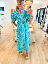 Green Leopard Puff Sleeve Midi Dress