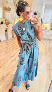 Ivy Jane Slate Blue Block Print Jumpsuit