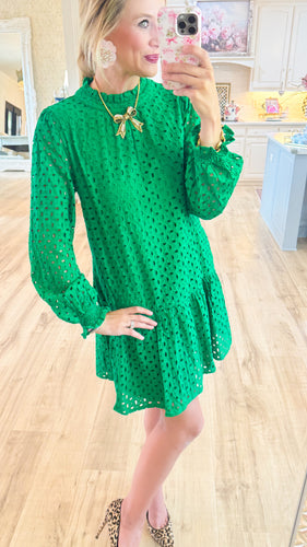 Green Eyelet Long Sleeve Dress