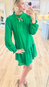 Green Eyelet Long Sleeve Dress