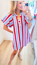Blue and Red Stripe Puff Sleeve Mini Dress