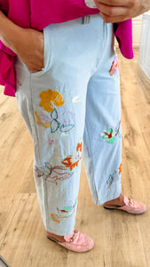 Light Denim Embroidered Pants