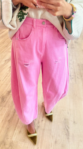 Pink Acid Washed Barrel Denim Pants