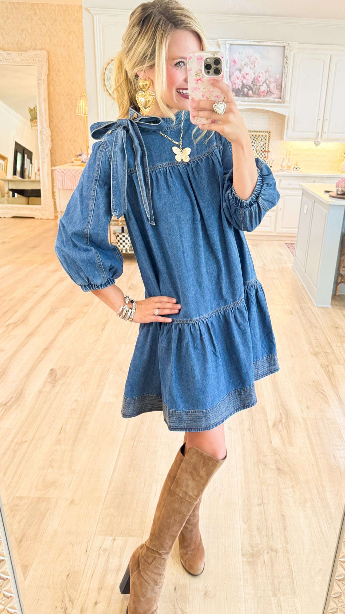 Dark Denim Bow 3/4 Sleeve Dress Charlotte Heart Boutique Dark Denim Bow 3/4 Sleeve Dress Charlotte Heart Boutique