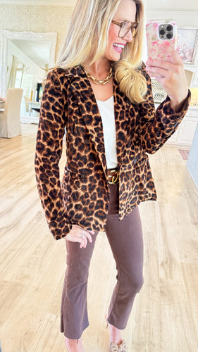 Camel and Brown Leopard Print Velvet Blazer
