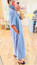 Navy Stripe Ruffle Collar Midi Dress