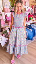 Blue Floral Peplum Tiered Midi Dress