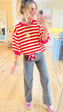 Red Striped Bubble Sleeve Pullover