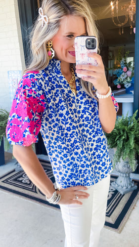 Blue Embroidered Puff Sleeve Printed Top