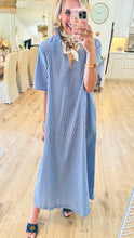 Navy Stripe Ruffle Collar Midi Dress