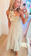 Cream and Brown Stripe Strapless Dress