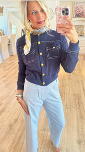 Navy Terry Button Cardigan