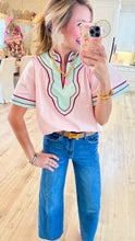 THML Pink and Blue Wide Sleeve V Neck Top