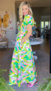 Green Coral Multi Print Smocked Maxi Dress