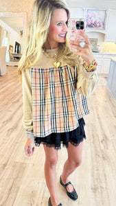 Taupe Solid & Plaid Mix Match Top