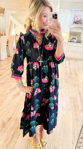 Black Floral Mix Tiered Midi Dress