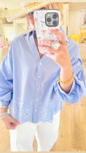Blue Eyelet Button Up Top