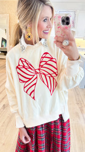 Ivory and Red Candy Cane Bow Sweatshirt