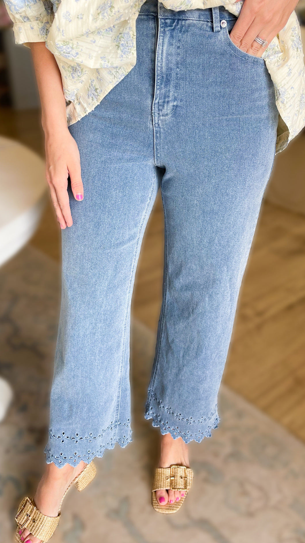 Denim High Waisted Floral Embroidered Pants