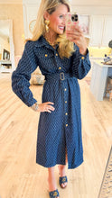 Indigo Denim Printed Button Down Midi Dress