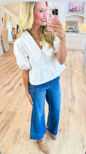 Off White Puff Sleeve Oversized Collar Top
