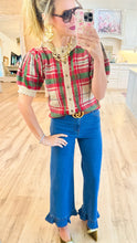 Taupe Plaid Puff Sleeve Knit Sweater
