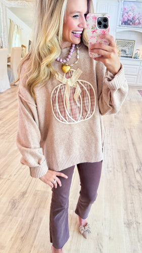 Oatmeal Plaid Pumpkin Bow Detailed Sweater